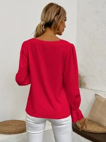 SHEIN VCAY Flounce Sleeve V Neck Top - Red - View 2