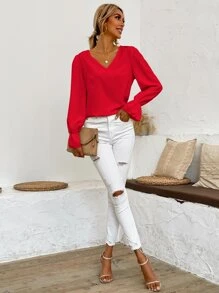 SHEIN VCAY Flounce Sleeve V Neck Top - Red - View 5