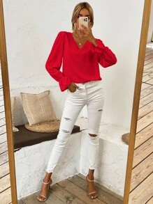 SHEIN VCAY Flounce Sleeve V Neck Top - Red - View 6