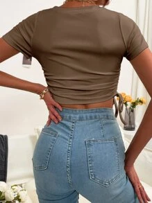 SHEIN LUNE Ruched Drawstring Knot Rib-knit Crop Tee - Mocha Brown - View 2