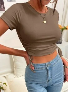 SHEIN LUNE Ruched Drawstring Knot Rib-knit Crop Tee - Mocha Brown - View 3