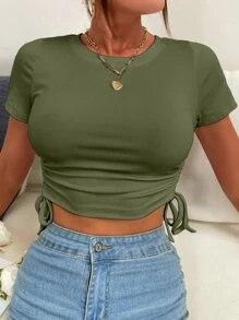 SHEIN Essnce 褶邊抽繩打結羅紋針織短款T恤 - 軍綠色 - 查看 1
