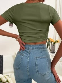 SHEIN Essnce 褶邊抽繩打結羅紋針織短款T恤 - 軍綠色 - 查看 2