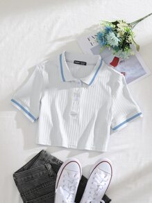 SHEIN Unity Camiseta de cuello polo tejido de canalé - Blanco - Ver 1