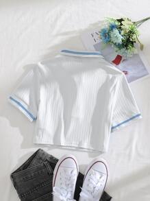 SHEIN Unity Camiseta de cuello polo tejido de canalé - Blanco - Ver 2