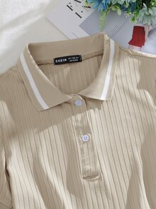 SHEIN Unity Camiseta de cuello polo tejido de canalé - Beis - Ver 4