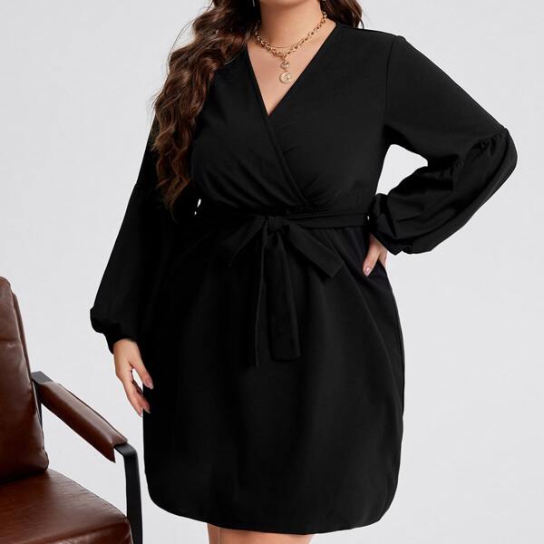 

Plus Lantern Sleeve Surplice Neck Belted Dress, Black