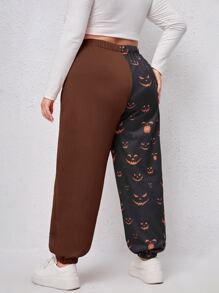 Plus Halloween Pumpkin Print Sweatpants - Coffee Brown - View 2