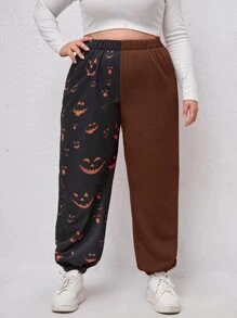 Plus Halloween Pumpkin Print Sweatpants - Coffee Brown - View 3