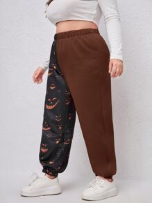 Plus Halloween Pumpkin Print Sweatpants - Coffee Brown - View 4