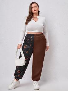 Plus Halloween Pumpkin Print Sweatpants - Coffee Brown - View 5