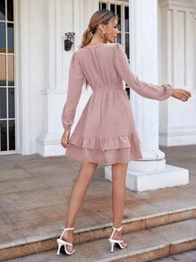 Chiquease 荷葉邊腰部打褶圓點連衣裙 - 藕粉色 - 查看 2