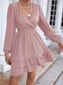 Chiquease 荷葉邊腰部打褶圓點連衣裙 - 藕粉色 - 查看 6