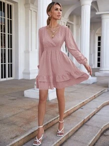 Chiquease 荷葉邊腰部打褶圓點連衣裙 - 藕粉色 - 查看 5