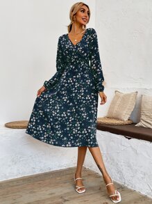 SHEIN Clasi Surplice Neck Floral Print Shirred Waist A-Line Dress - Multicolor - View 5