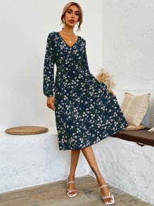 SHEIN Clasi Surplice Neck Floral Print Shirred Waist A-Line Dress - Multicolor - View 6