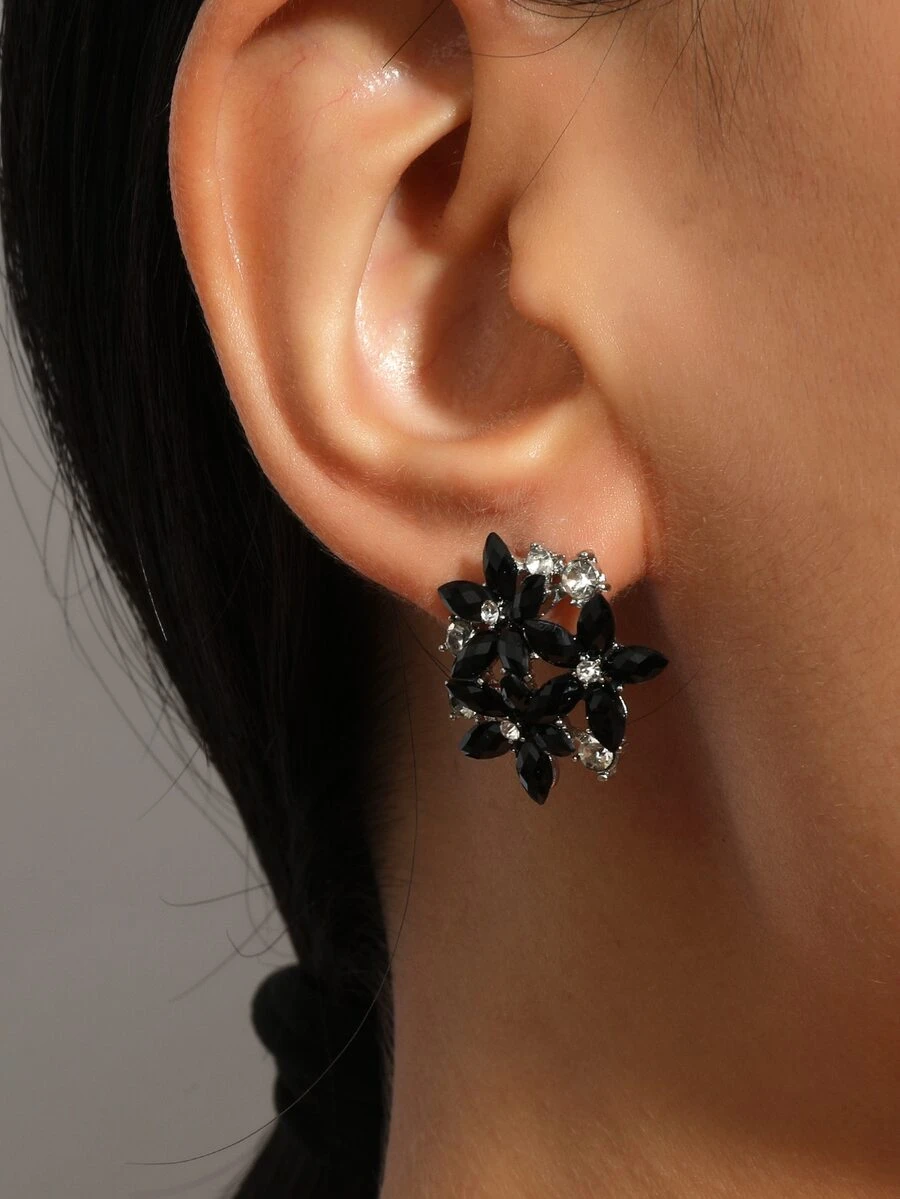 Crystal Flower Earrings - Black - View 1