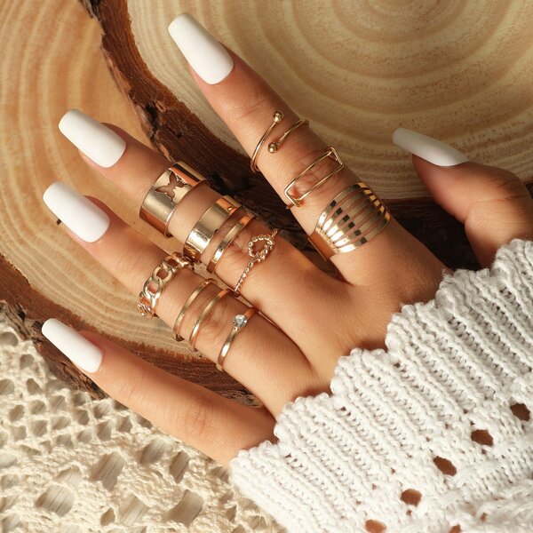 

9pcs Chain Design Hollow Out Ring, Gold