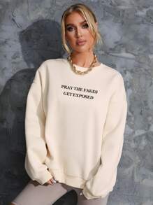 SHEIN Unity Slogan Graphic Drop Shoulder Sweatshirt - Beige - View 3