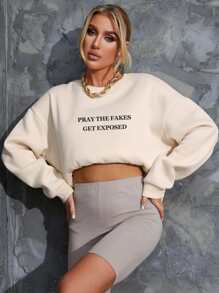 SHEIN Unity Slogan Graphic Drop Shoulder Sweatshirt - Beige - View 4