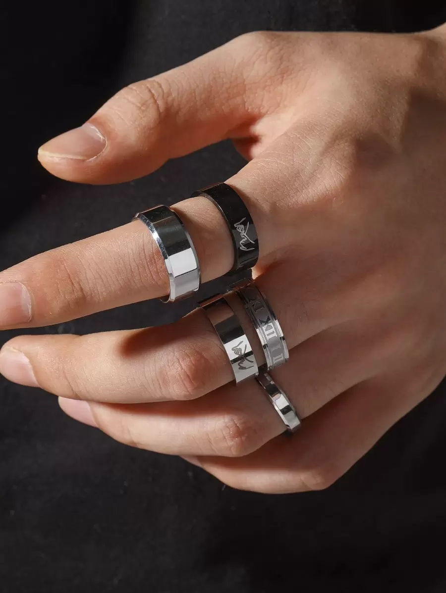 Fashionable and Popular 5pcs Men Roman Numerals Detail Ring Stainless Steel for Jewelry Gift and for a Stylish Look