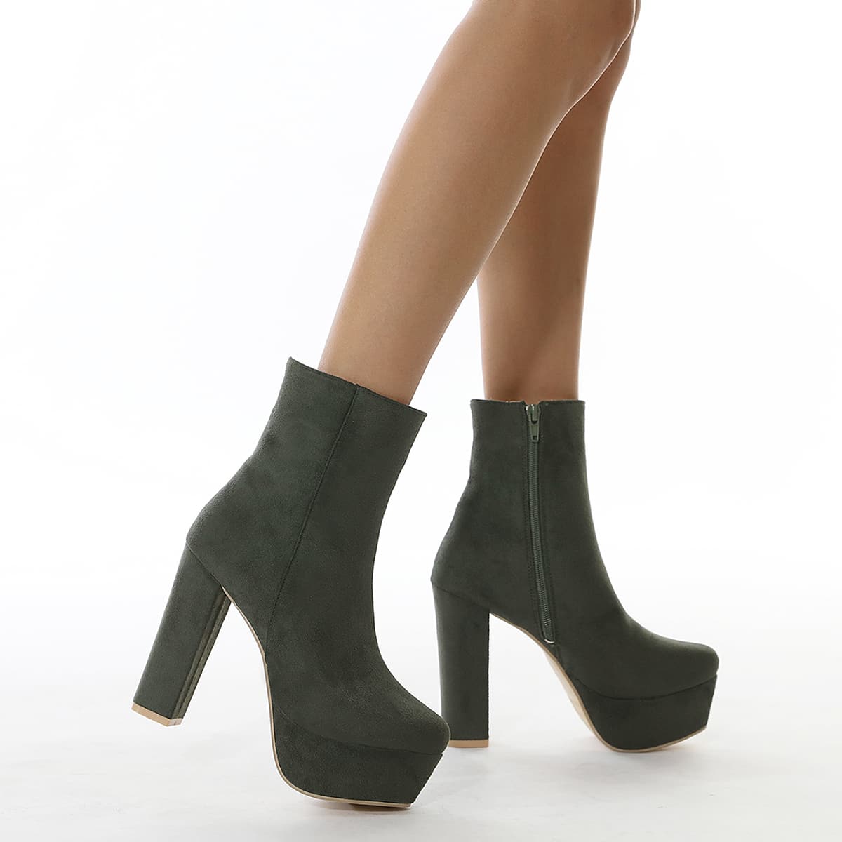 

Minimalist Side Zipper Platform Classic Boots, Dark green