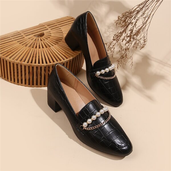 

Faux Pearl & Chain Decor Croc Embossed Chunky Heeled Loafers, Black