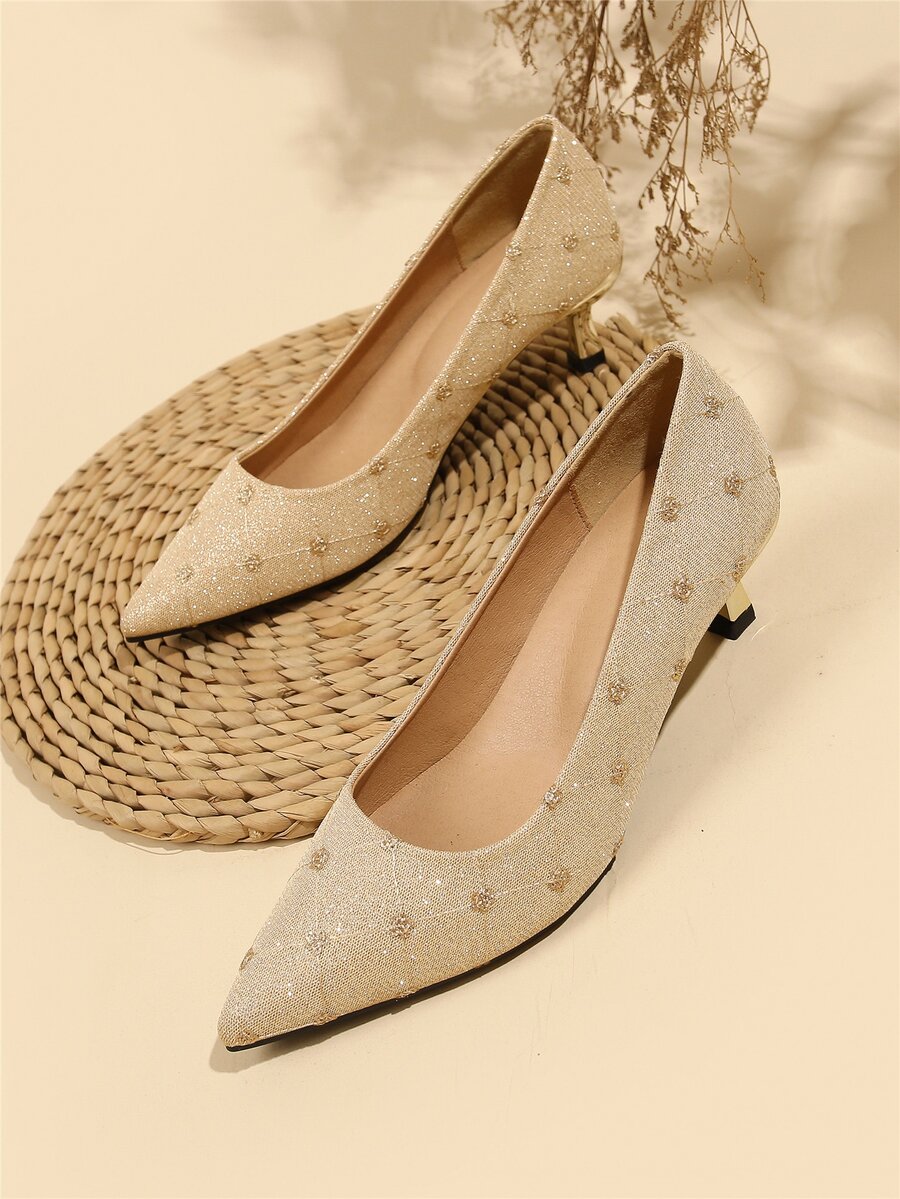 Glitter Kitten Heeled Court Pumps - Gold - View 1