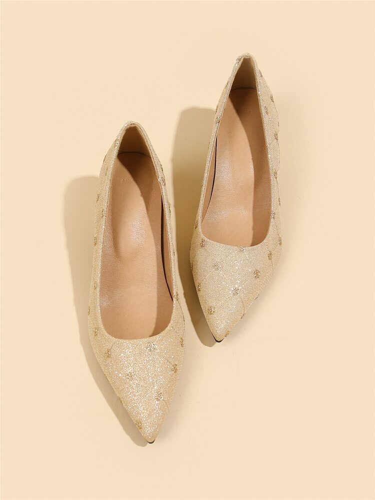 金屬亮絲小貓跟高跟單鞋 - 金色 - 查看 3