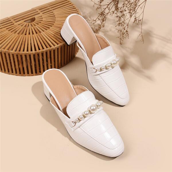 

Faux Pearl Decor Croc Embossed Mules, White