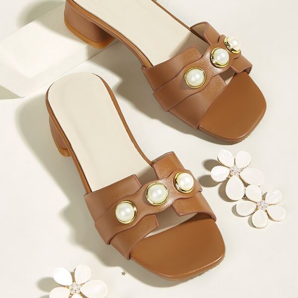 

Girls Faux Pearl Decor Slide Sandals, Brown