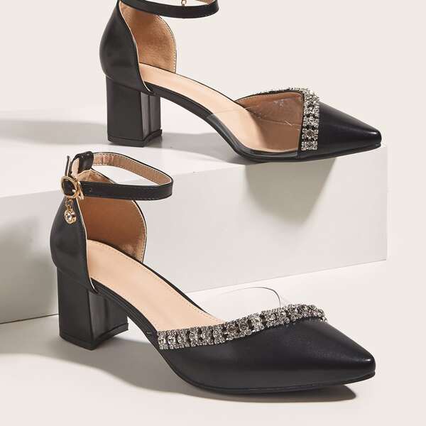 

Rhinestone Decor Ankle Strap Pumps, Black