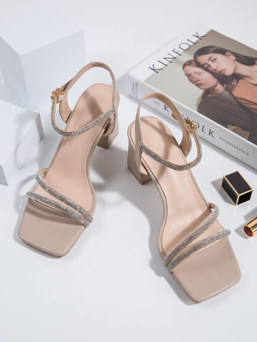 Sandalias de mujer con puntera cuadrada, tacón grueso y adornos de strass, para uso casual, de commuting y de fiesta, atuendos de verano - Albaricoque - Ver 1