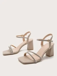 Sandalias de mujer con puntera cuadrada, tacón grueso y adornos de strass, para uso casual, de commuting y de fiesta, atuendos de verano - Albaricoque - Ver 2