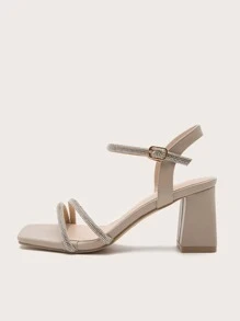 Sandalias de mujer con puntera cuadrada, tacón grueso y adornos de strass, para uso casual, de commuting y de fiesta, atuendos de verano - Albaricoque - Ver 3