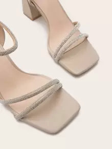 Sandalias de mujer con puntera cuadrada, tacón grueso y adornos de strass, para uso casual, de commuting y de fiesta, atuendos de verano - Albaricoque - Ver 4