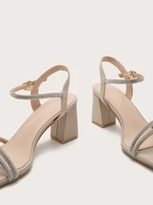 Sandalias de mujer con puntera cuadrada, tacón grueso y adornos de strass, para uso casual, de commuting y de fiesta, atuendos de verano - Albaricoque - Ver 5