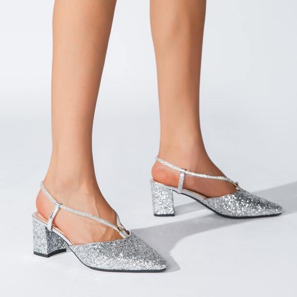 

Glitter Chunky Heeled Slingback Pumps, Silver