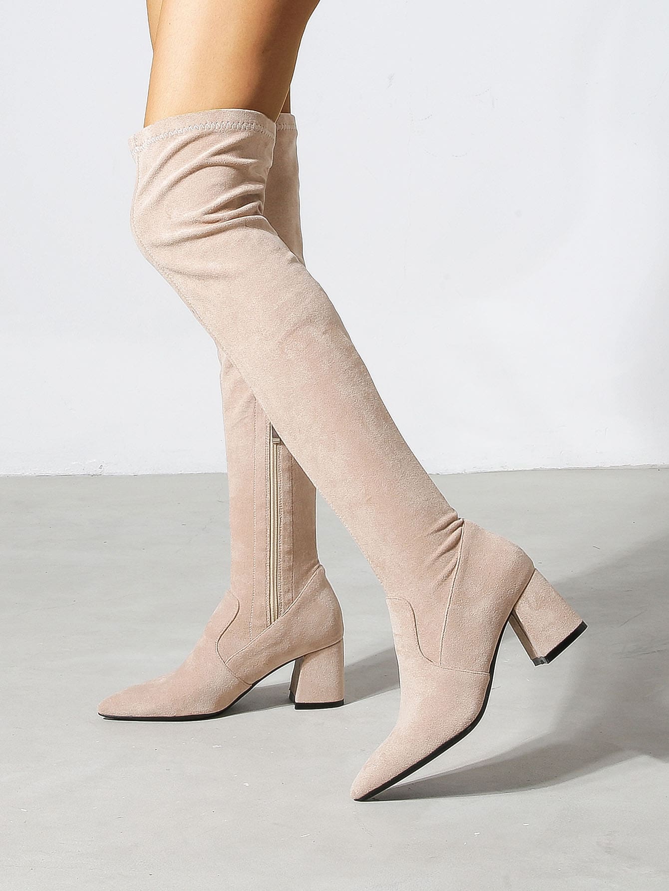 Zip Decor Point Toe Chunky Sock Boots - Baby Pink - View 1