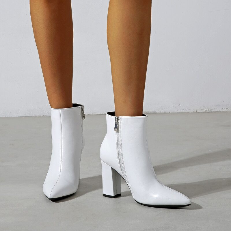 

Minimalist Side Zipper Chunky Heeled Classic Boots, White