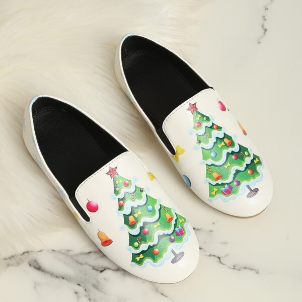 

Girls Christmas Pattern Flat Loafers, Multicolor