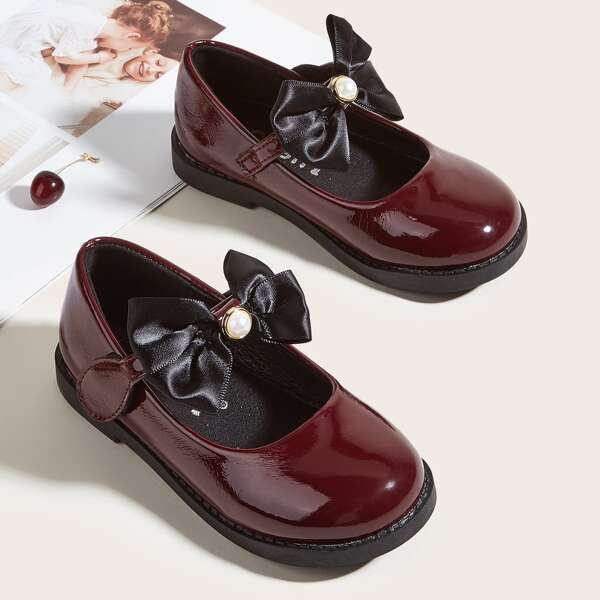 

Girls Bow Decor Velcro Strap Flats, Burgundy