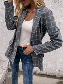 Blazer de cuello pico estampado de cuadros - Gris - Ver 1