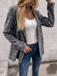 Blazer de cuello pico estampado de cuadros - Gris - Ver 3