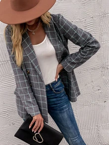 Blazer de cuello pico estampado de cuadros - Gris - Ver 4