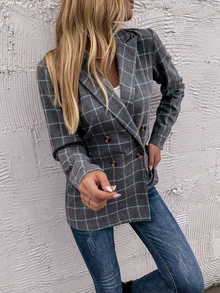 Blazer de cuello pico estampado de cuadros - Gris - Ver 6