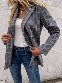 Blazer de cuello pico estampado de cuadros - Gris - Ver 7