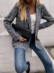 Blazer de cuello pico estampado de cuadros - Gris - Ver 8