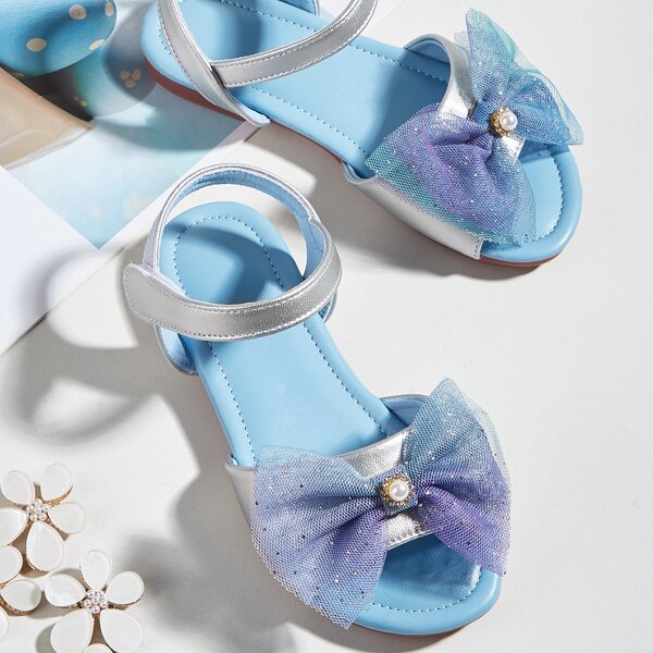 

Girls Bow & Faux Pearl Decor Flat Sandals, Silver