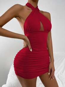 Chiquease 交叉前露背紧身吊带连衣裙 酒红色女装 - 酒紅色 - 查看 4